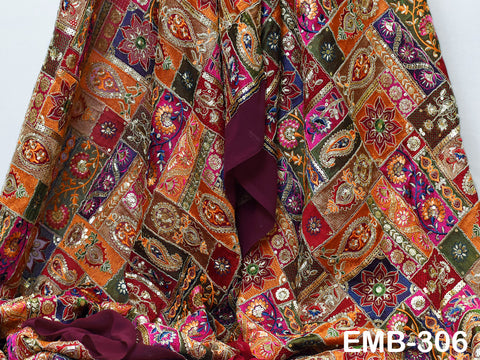 Tissu brodé indien marron de 137 cm de large vendu au mètre, en georgette, pour couture, rideaux, artisanat, robes d'été pour femmes, draperie, décoration intérieure