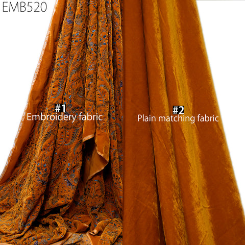 Wedding Dress Material Mustard Yellow Embroidered Velvet Fabric by the yard Sewing DIY Crafting Costumes Table Runner Quilting