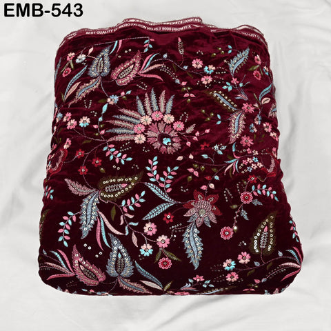 Deep Red Indian Embroidered Velvet Fabric by the yard Sewing DIY Crafting Wedding Dress Costumes Doll Bags Long Coats Table Runner Quilting