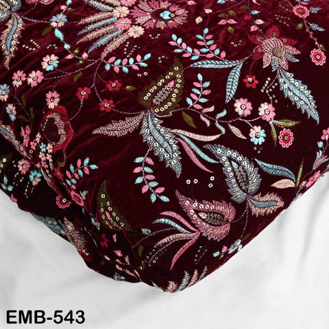 Deep Red Indian Embroidered Velvet Fabric by the yard Sewing DIY Crafting Wedding Dress Costumes Doll Bags Long Coats Table Runner Quilting