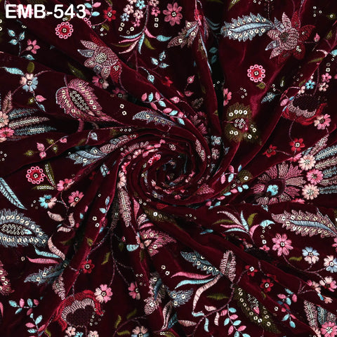 Deep Red Indian Embroidered Velvet Fabric by the yard Sewing DIY Crafting Wedding Dress Costumes Doll Bags Long Coats Table Runner Quilting
