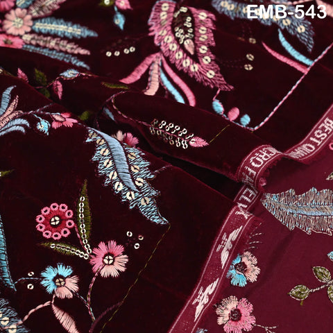 Deep Red Indian Embroidered Velvet Fabric by the yard Sewing DIY Crafting Wedding Dress Costumes Doll Bags Long Coats Table Runner Quilting