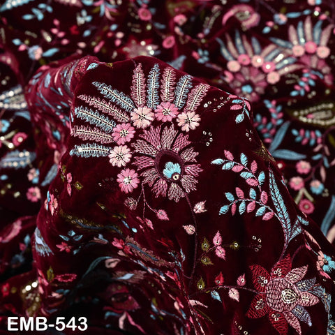 Deep Red Indian Embroidered Velvet Fabric by the yard Sewing DIY Crafting Wedding Dress Costumes Doll Bags Long Coats Table Runner Quilting
