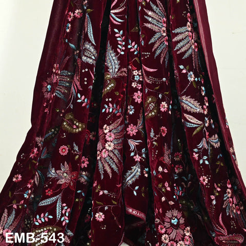 Deep Red Indian Embroidered Velvet Fabric by the yard Sewing DIY Crafting Wedding Dress Costumes Doll Bags Long Coats Table Runner Quilting