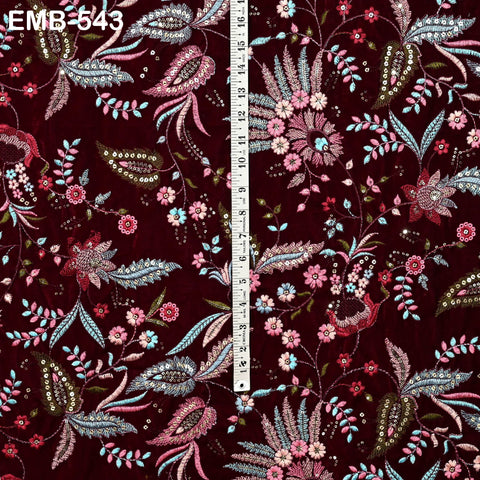 Deep Red Indian Embroidered Velvet Fabric by the yard Sewing DIY Crafting Wedding Dress Costumes Doll Bags Long Coats Table Runner Quilting