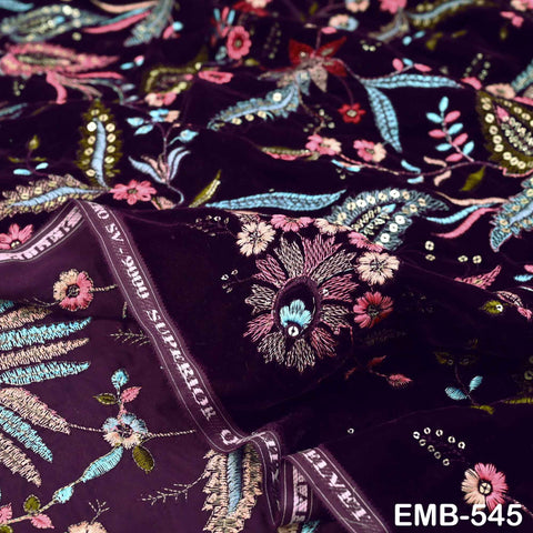 Wine Indian Embroidered Velvet Fabric by the yard Bridal Wedding Dress Costumes Dolls Long Coats Table Runner Quilting Sewing DIY Crafting