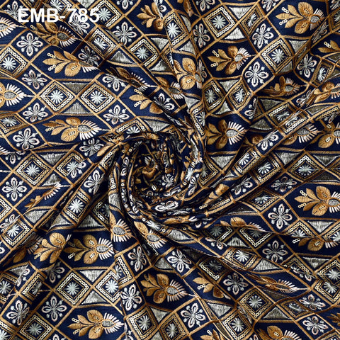 Navy Blue Wedding Dress Material Embroidered Fabric by the yard Sewing Crafting Indian Embroidery Victorian Costumes Dolls Table Runner