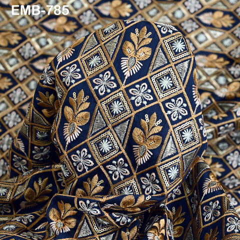 Navy Blue Wedding Dress Material Embroidered Fabric by the yard Sewing Crafting Indian Embroidery Victorian Costumes Dolls Table Runner