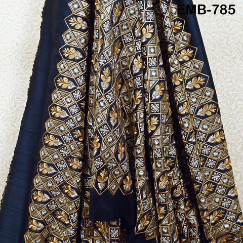 Navy Blue Wedding Dress Material Embroidered Fabric by the yard Sewing Crafting Indian Embroidery Victorian Costumes Dolls Table Runner