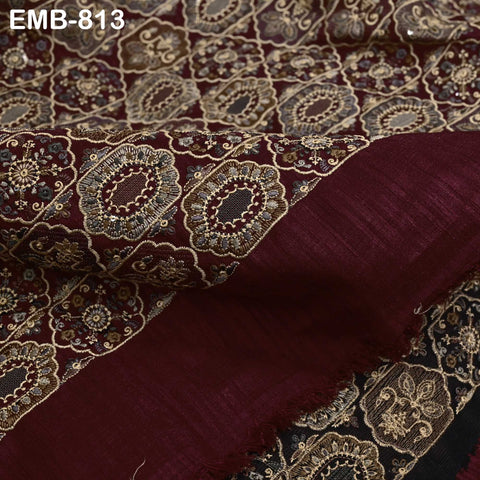 Maroon Embroidered Fabric by the yard Sewing DIY Crafting Embroidery Dresses Costumes Regency Reticules Victorian Handbags Junk Journals