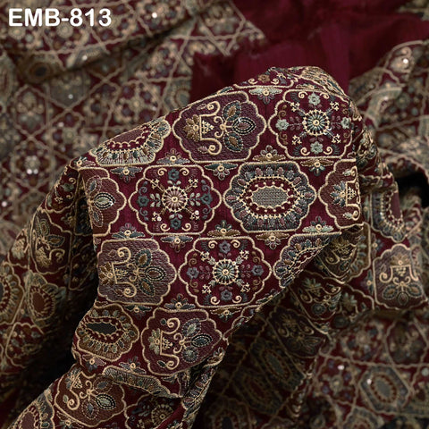 Maroon Embroidered Fabric by the yard Sewing DIY Crafting Embroidery Dresses Costumes Regency Reticules Victorian Handbags Junk Journals