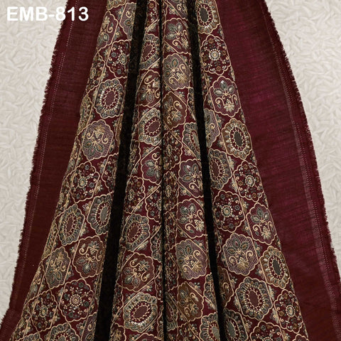 Maroon Embroidered Fabric by the yard Sewing DIY Crafting Embroidery Dresses Costumes Regency Reticules Victorian Handbags Junk Journals