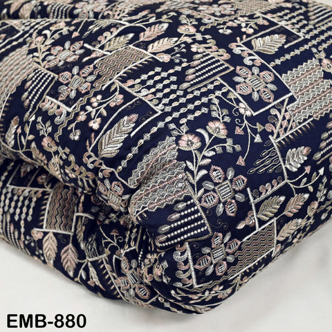 Dark Navy Blue Embroidered Fabric by the yard Sewing DIY Crafting Indian Embroidery Wedding Dress Blouses Blazer Victorian Costumes Trousers