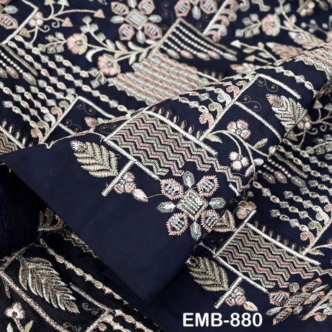 Dark Navy Blue Embroidered Fabric by the yard Sewing DIY Crafting Indian Embroidery Wedding Dress Blouses Blazer Victorian Costumes Trousers