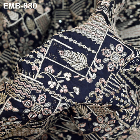 Dark Navy Blue Embroidered Fabric by the yard Sewing DIY Crafting Indian Embroidery Wedding Dress Blouses Blazer Victorian Costumes Trousers