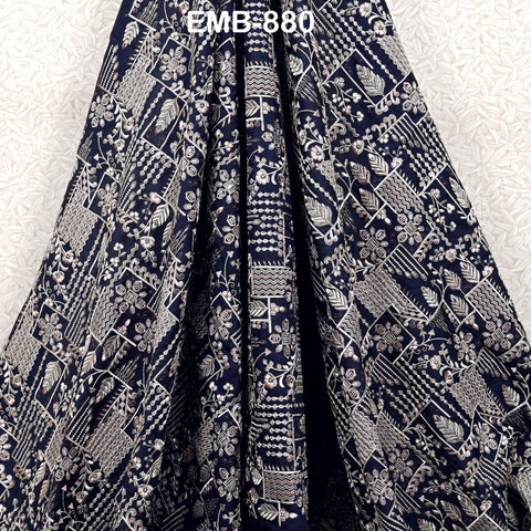 Dark Navy Blue Embroidered Fabric by the yard Sewing DIY Crafting Indian Embroidery Wedding Dress Blouses Blazer Victorian Costumes Trousers