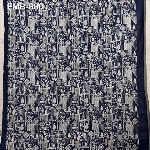 Dark Navy Blue Embroidered Fabric by the yard Sewing DIY Crafting Indian Embroidery Wedding Dress Blouses Blazer Victorian Costumes Trousers