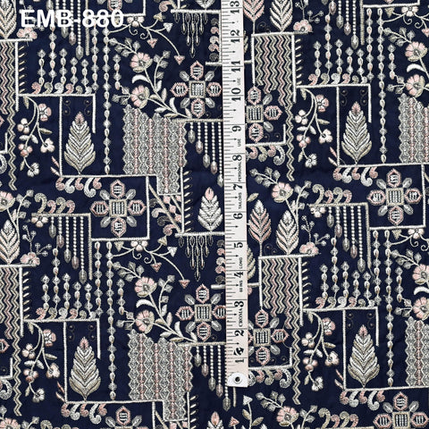 Dark Navy Blue Embroidered Fabric by the yard Sewing DIY Crafting Indian Embroidery Wedding Dress Blouses Blazer Victorian Costumes Trousers