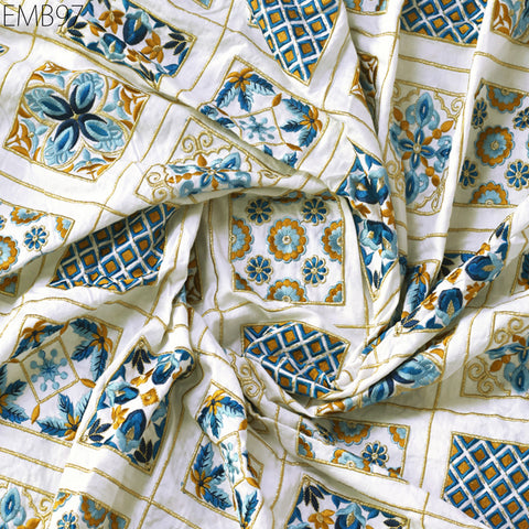 Indian white embroidered fabric embroidery cotton fabric by the yard sewing fabric DIY crafting wedding dress costumes doll bag home décor furnishing floral curtains making fabric