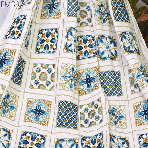 Indian white embroidered fabric embroidery cotton fabric by the yard sewing fabric DIY crafting wedding dress costumes doll bag home décor furnishing floral curtains making fabric