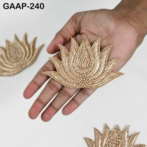 4 pc Lotus Flower Embroidered Appliqué Handmade Patches | Gold & Beige Floral Lace Embellishments | DIY Sewing, Bridal, Costumes, Crafts