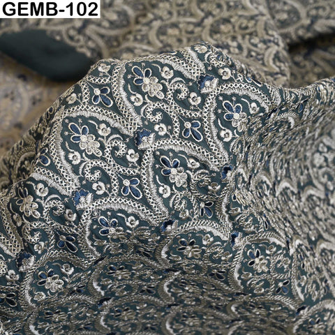 Embroidered Fabric by the yard Sewing DIY Crafting Steel Blue Indian Embroidery Wedding Dresses Costumes Dolls Bags Cushion Covers Blouses