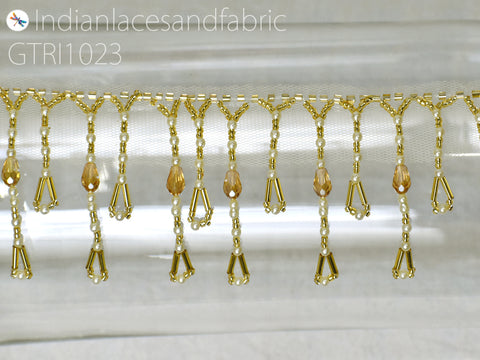 Indian Beaded Fringes Trim by the Yard Embellished Costume Wedding Dress Ribbon Bridal Belt Sashes Decorative Dupatta Crafting Sewing Border