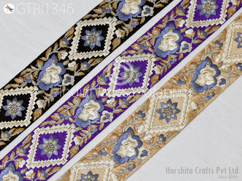 Floral Embroidered Fabric Trim By 3 Yard Indian Sari Border Crafting Sewing Guitar Belts Beach Bag Cushions Cover Trimming Ribbon Embellishments Wedding Wear Gown Lace