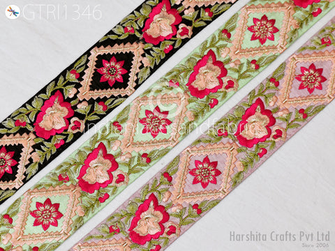 Floral Embroidered Fabric Trim By 3 Yard Indian Sari Border Crafting Sewing Guitar Belts Beach Bag Cushions Cover Trimming Ribbon Embellishments Wedding Wear Gown Lace