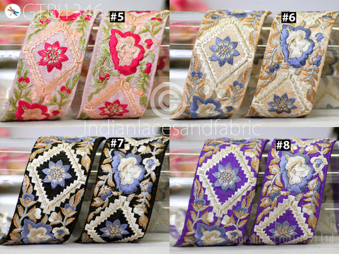 Floral Embroidered Fabric Trim By 3 Yard Indian Sari Border Crafting Sewing Guitar Belts Beach Bag Cushions Cover Trimming Ribbon Embellishments Wedding Wear Gown Lace