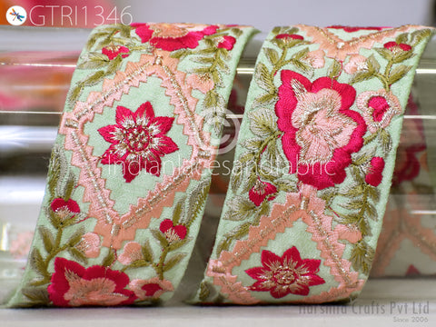 Floral Embroidered Fabric Trim By 3 Yard Indian Sari Border Crafting Sewing Guitar Belts Beach Bag Cushions Cover Trimming Ribbon Embellishments Wedding Wear Gown Lace