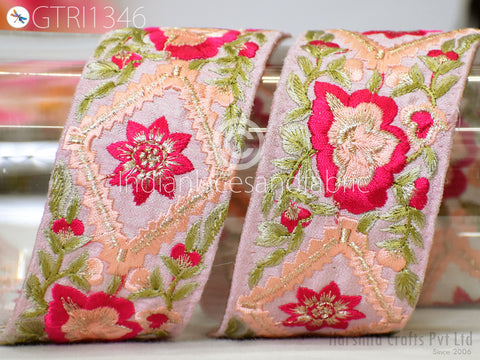 Floral Embroidered Fabric Trim By 3 Yard Indian Sari Border Crafting Sewing Guitar Belts Beach Bag Cushions Cover Trimming Ribbon Embellishments Wedding Wear Gown Lace