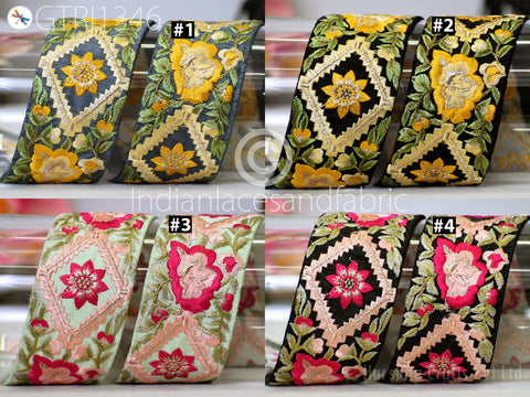 Floral Embroidered Fabric Trim By 3 Yard Indian Sari Border Crafting Sewing Guitar Belts Beach Bag Cushions Cover Trimming Ribbon Embellishments Wedding Wear Gown Lace