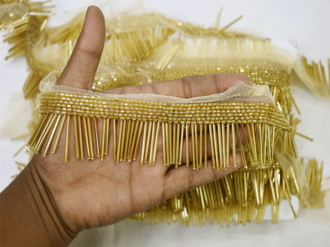 Fringe Indian Beaded Fringe Lace Trim By The Yard Costume Wedding Dresses Ribbon Bridal Belt Sashes Decorative Bugle Beads Costume Designing Festive Wear For Lehengas Sewing Border Clothing Accessories