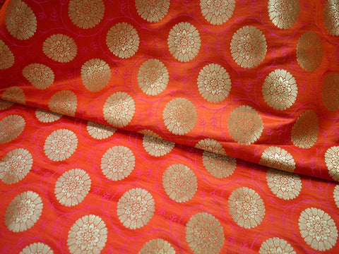 Orange Brocade Fabric by the yard Banarasi Wedding Dress Bridal Blouses Indian Silk Sewing DIY Crafting Costume lehenga Home Decor Curtains