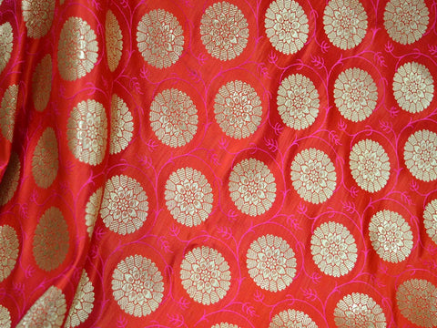 Orange Brocade Fabric by the yard Banarasi Wedding Dress Bridal Blouses Indian Silk Sewing DIY Crafting Costume lehenga Home Decor Curtains