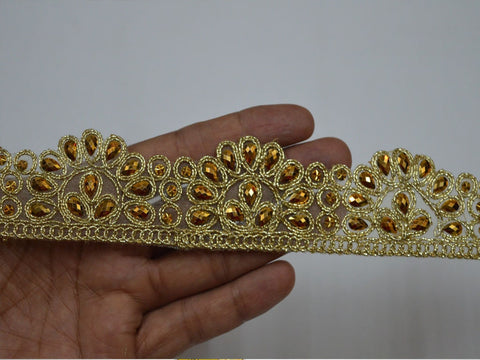 9 yard 4cm Gold Kundan Trim Decorative Costume trim Crafting Ribbon Tape Stone Work Sari Border Lace by 9 Yard Sewing Designer Laces