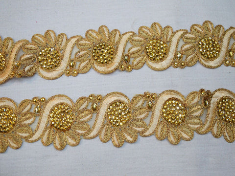 1 Meter Decorative Kundan Trims Crafting Ribbon Beige Indian Laces Floral Saree Border Sewing Costume Trimming Embellishments Christmas Tape