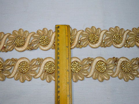 1 Meter Decorative Kundan Trims Crafting Ribbon Beige Indian Laces Floral Saree Border Sewing Costume Trimming Embellishments Christmas Tape