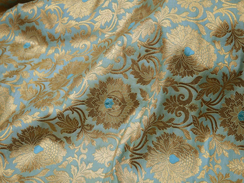 Indian Brocade Fabric Powder Blue Gold Banarasi Blended Silk Bridal Wedding Dresses Lengha Crafting Sewing Drapery Upholstery Costume