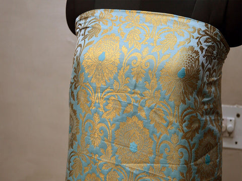 Indian Brocade Fabric Powder Blue Gold Banarasi Blended Silk Bridal Wedding Dresses Lengha Crafting Sewing Drapery Upholstery Costume