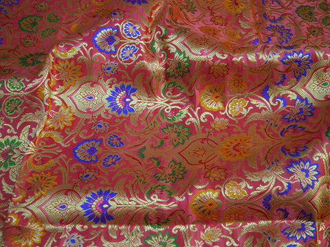 Coral Red Banarasi Brocade Fabric by the Yard Indian Fabric for Wedding Dress Lehenga Sewing Crafting Costume Dress Material Cushion Covers