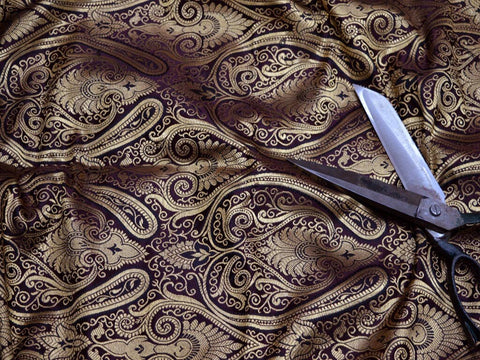 Plum Indian Brocade Fabric by the Yard Varanasi Brocade for vest jacket Banaras Fabric Wedding Dress Blended Silk fabric Sewing Crafting