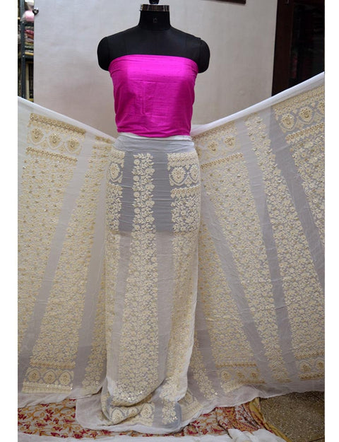 Cotton Dyeable Lakhnavi Sequenced Work, Lakhnavi Embroidery Work, Indian Dyeable Georgette Fabric