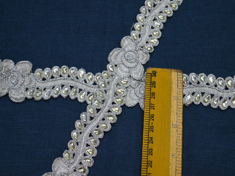 8 yard Decorative 30mm Ribbon Costume Metallic Ribbon Beaded Silver Stone Lace Fashion Trimming Embellished Mirror work Border Trim