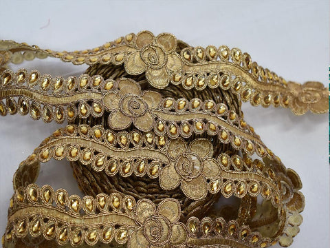 1.5'' Wholesale Decorative 3cm Trim Costume Metallic Ribbon Beaded Dull Gold Stone Lace Christmas Trim Embellished Mirror Border By 9 yard