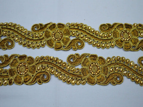 1 Meter Wholesale 5 CM Ribbon Costume Metallic Beaded Antique Gold Stone Lace Floral Trimmings Embellished dresses Beaded work Border Trim