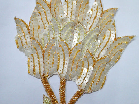 Beaded Designer Appliques in Ivory, Sequin Floral Thread Embroidered Applique, Handcrafted Patches