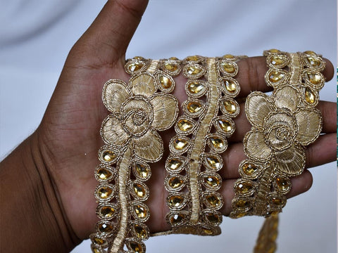 1.5'' Wholesale Decorative 3cm Trim Costume Metallic Ribbon Beaded Dull Gold Stone Lace Christmas Trim Embellished Mirror Border By 9 yard