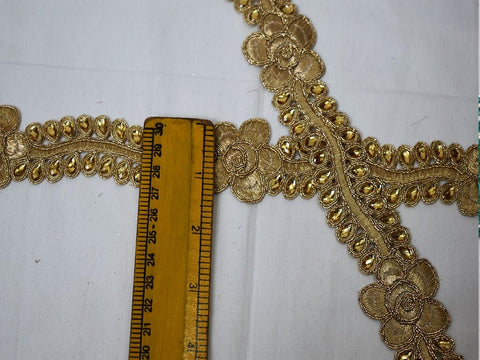 1.5'' Wholesale Decorative 3cm Trim Costume Metallic Ribbon Beaded Dull Gold Stone Lace Christmas Trim Embellished Mirror Border By 9 yard